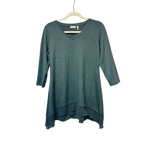 LOGO Lounge by Lori Goldstein French Terry Top w/ Tiered Chiffon Trim Sage Small - Picture 1 of 8